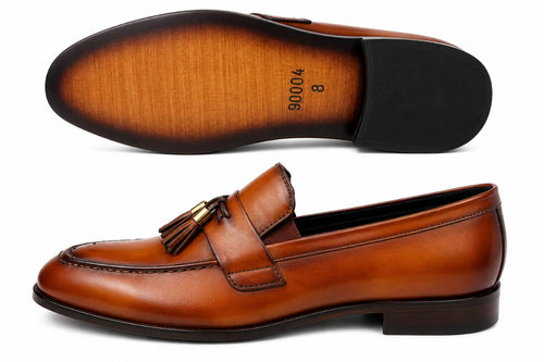 Handcrafted Tan Tassel Leather Loafers – Premium Formal Slip-On Shoes for Men