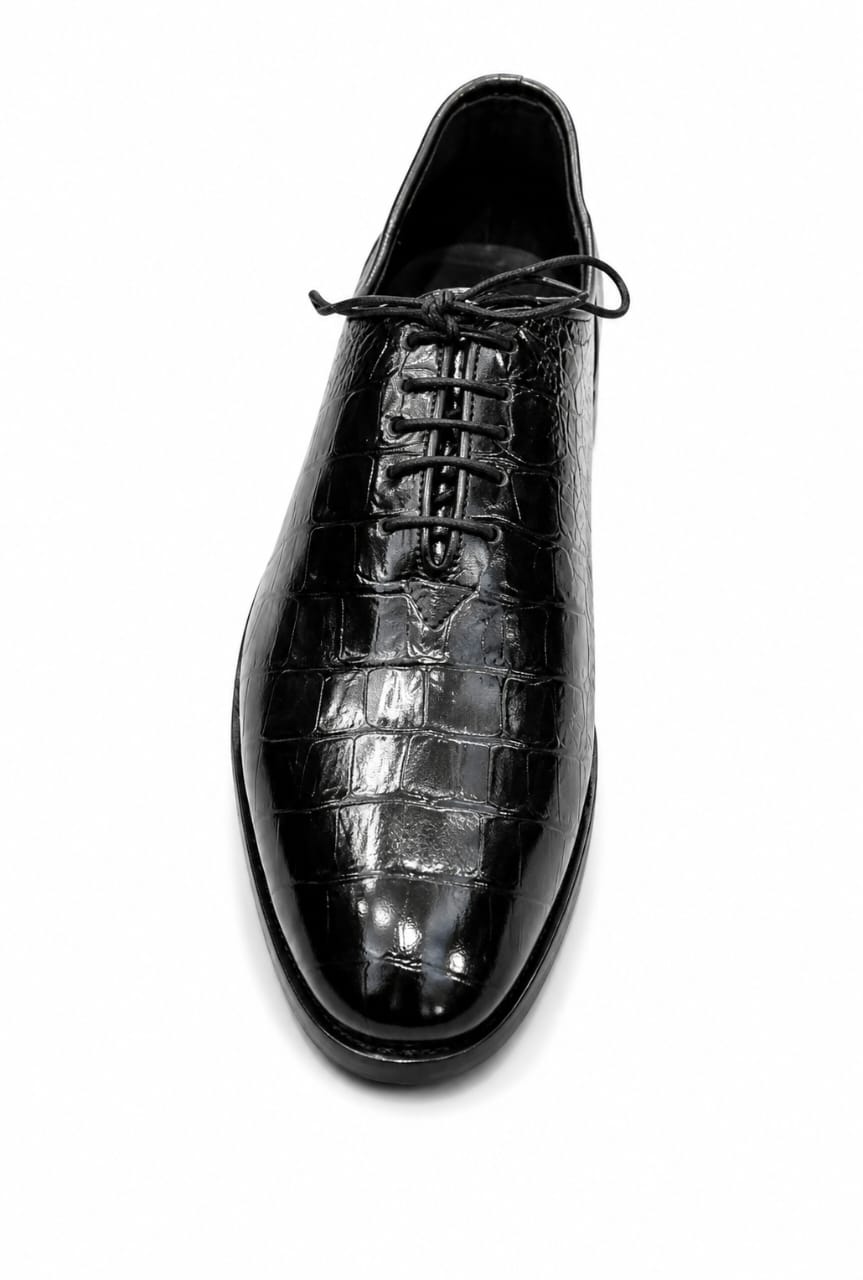 Handmade Croc Black Wholecut Oxford Shoes – Premium Genuine Leather Formal Dress Shoes