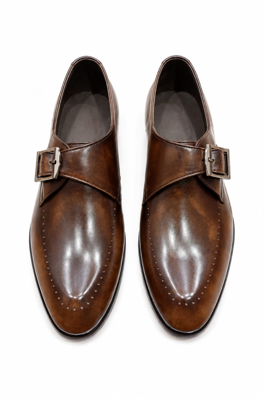 Premium Brown Embossed Leather Single Monk Strap Shoes for Men – Handmade | TLS