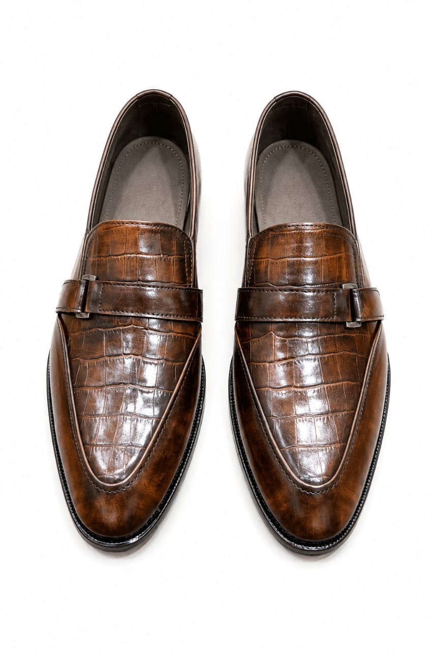 Premium Brown Crocodile Embossed Leather Loafers for Men – Handmade | TLS