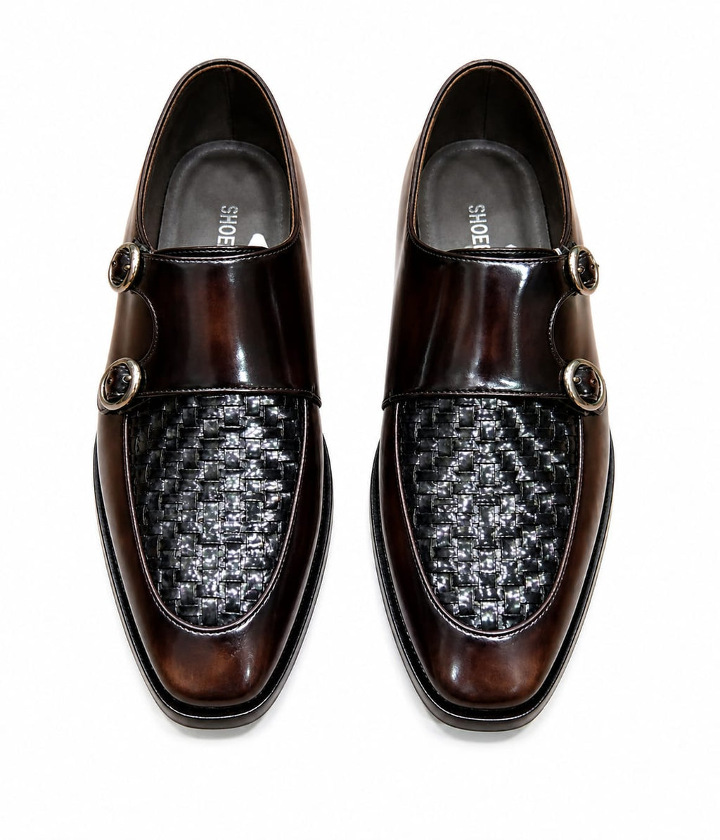 Premium Brown Leather Double Monk Strap Shoes with Woven Vamp – Handmade | TLS