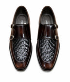 Premium Brown Leather Double Monk Strap Shoes with Woven Vamp – Handmade | TLS