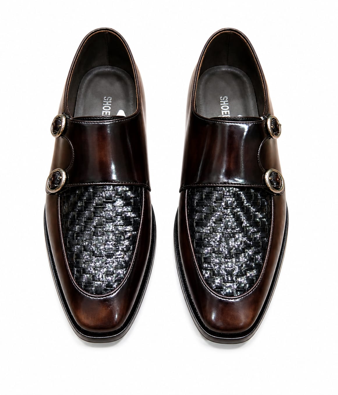 Premium Brown Leather Double Monk Strap Shoes with Woven Vamp – Handmade | TLS