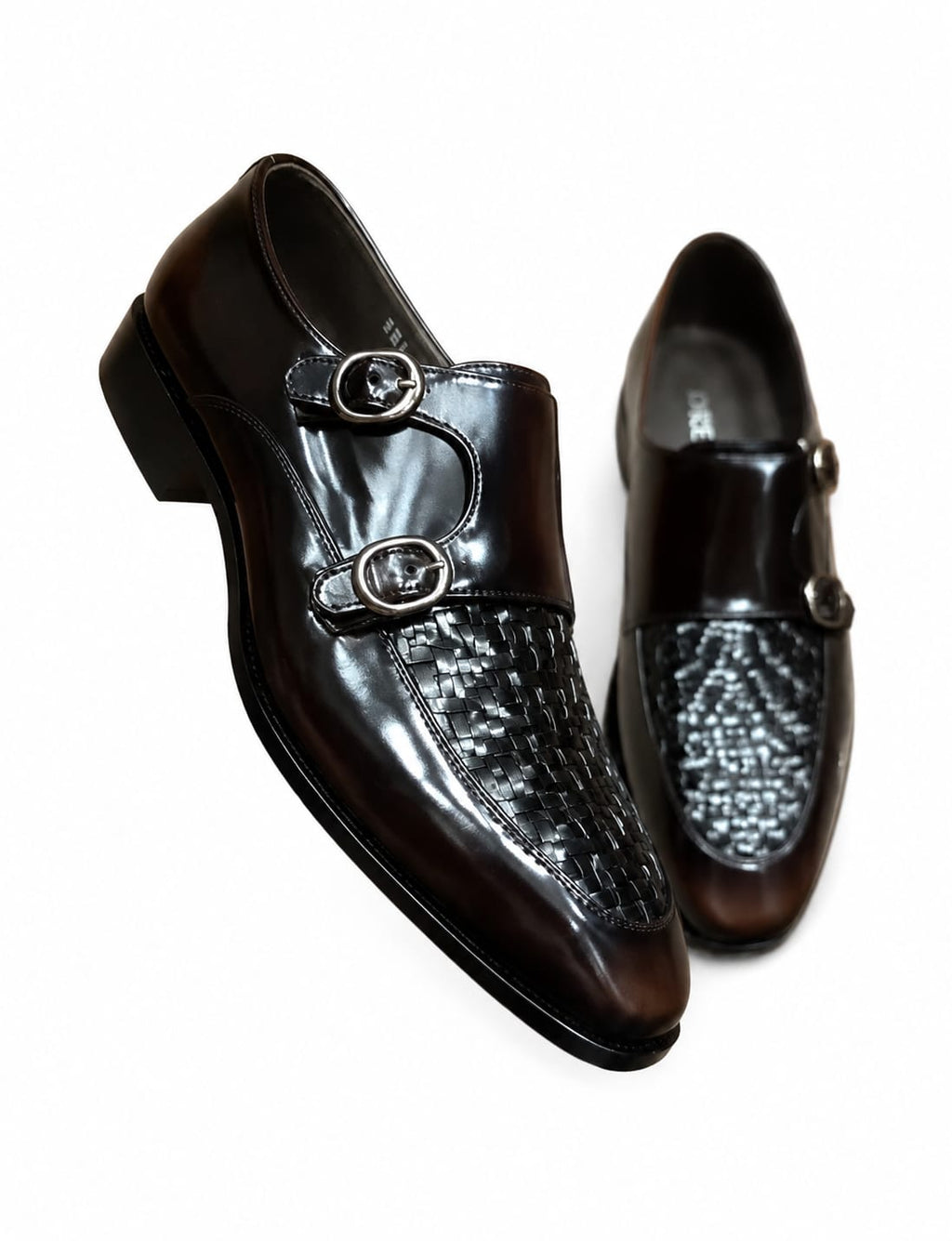 Premium Brown Leather Double Monk Strap Shoes with Woven Vamp – Handmade | TLS