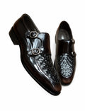 Premium Brown Leather Double Monk Strap Shoes with Woven Vamp – Handmade | TLS