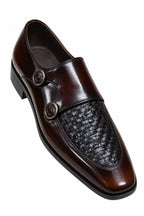 Premium Brown Leather Double Monk Strap Shoes with Woven Vamp – Handmade | TLS