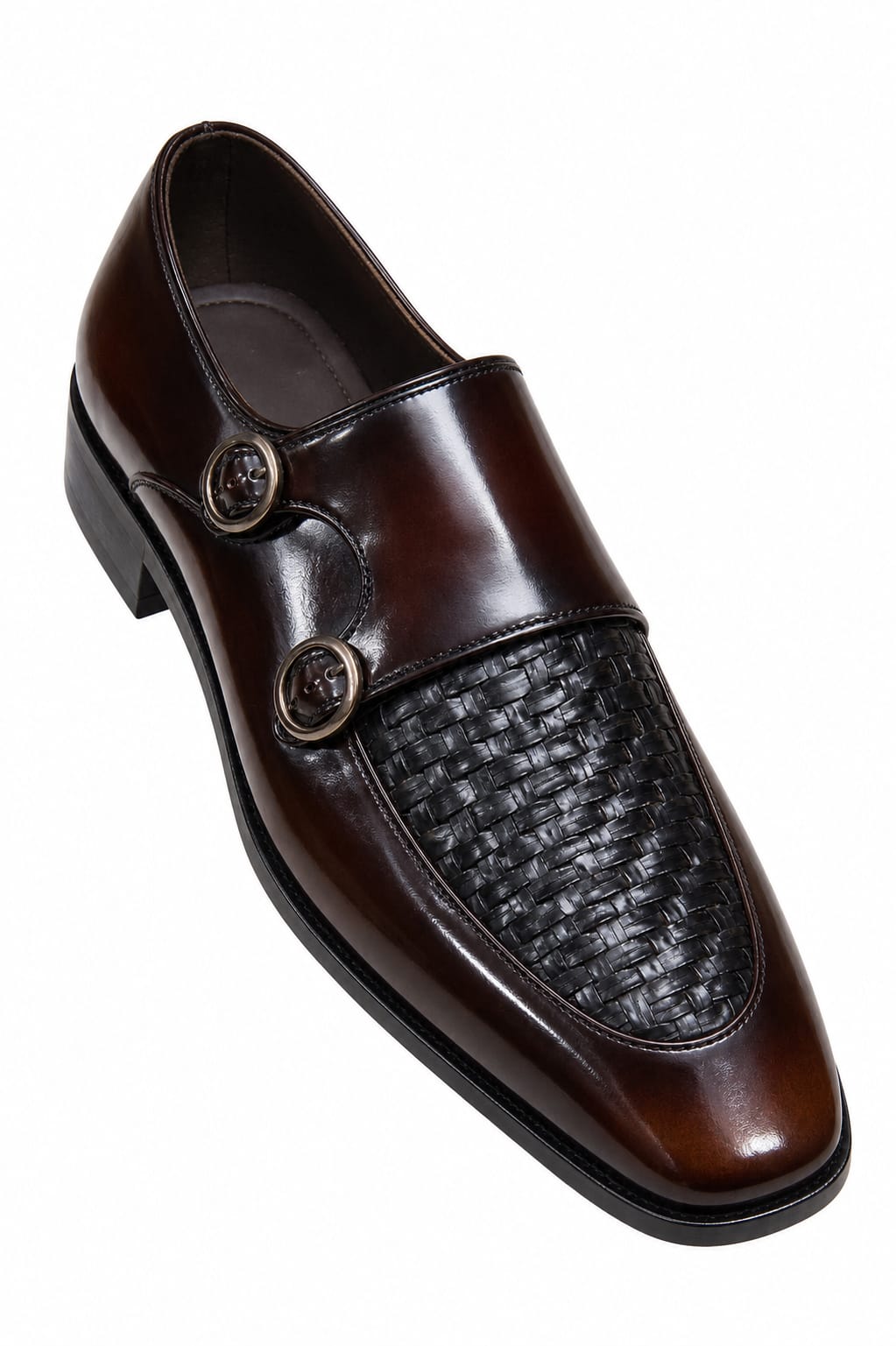 Premium Brown Leather Double Monk Strap Shoes with Woven Vamp – Handmade | TLS