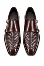 Premium Brown Leather Double Monk Strap Shoes with Woven Vamp – Handmade | TLS