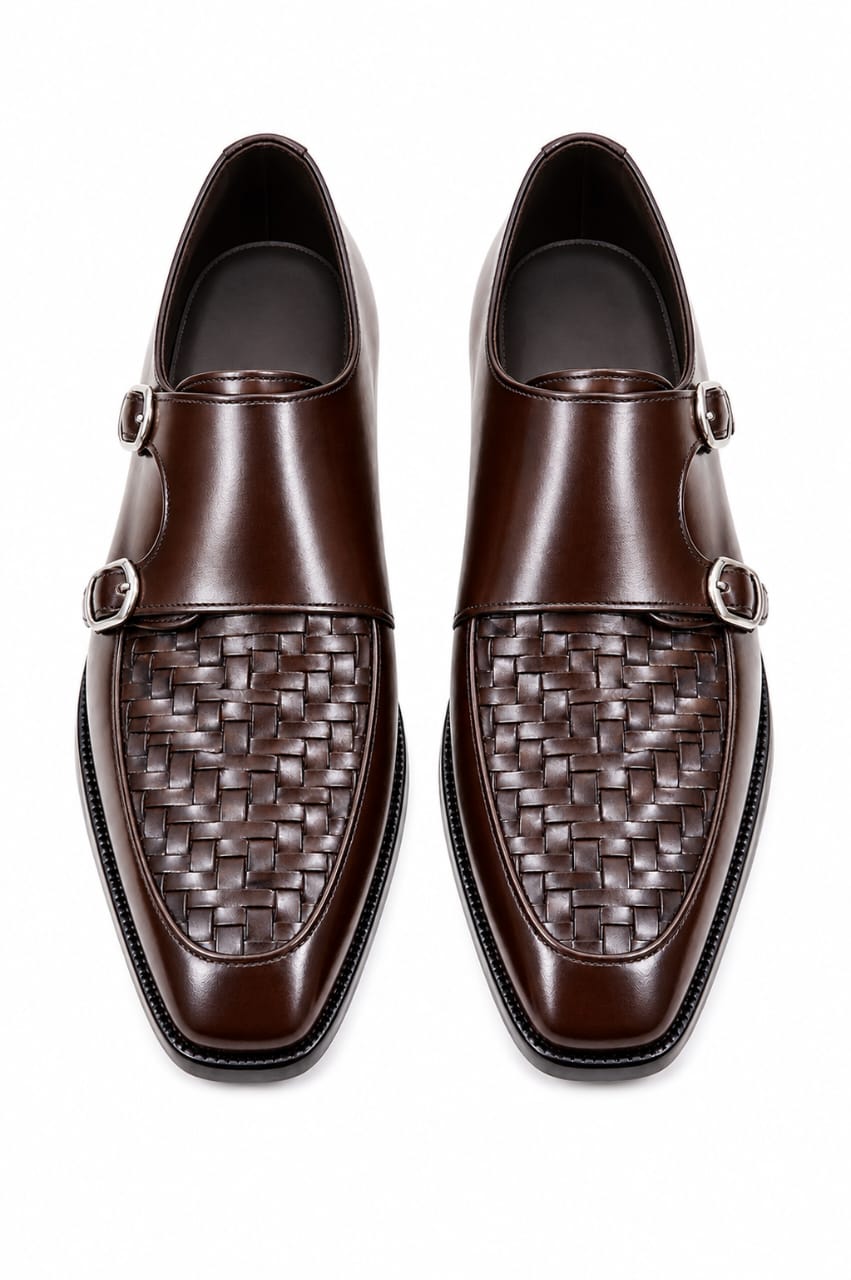 Premium Brown Leather Double Monk Strap Shoes with Woven Vamp – Handmade | TLS